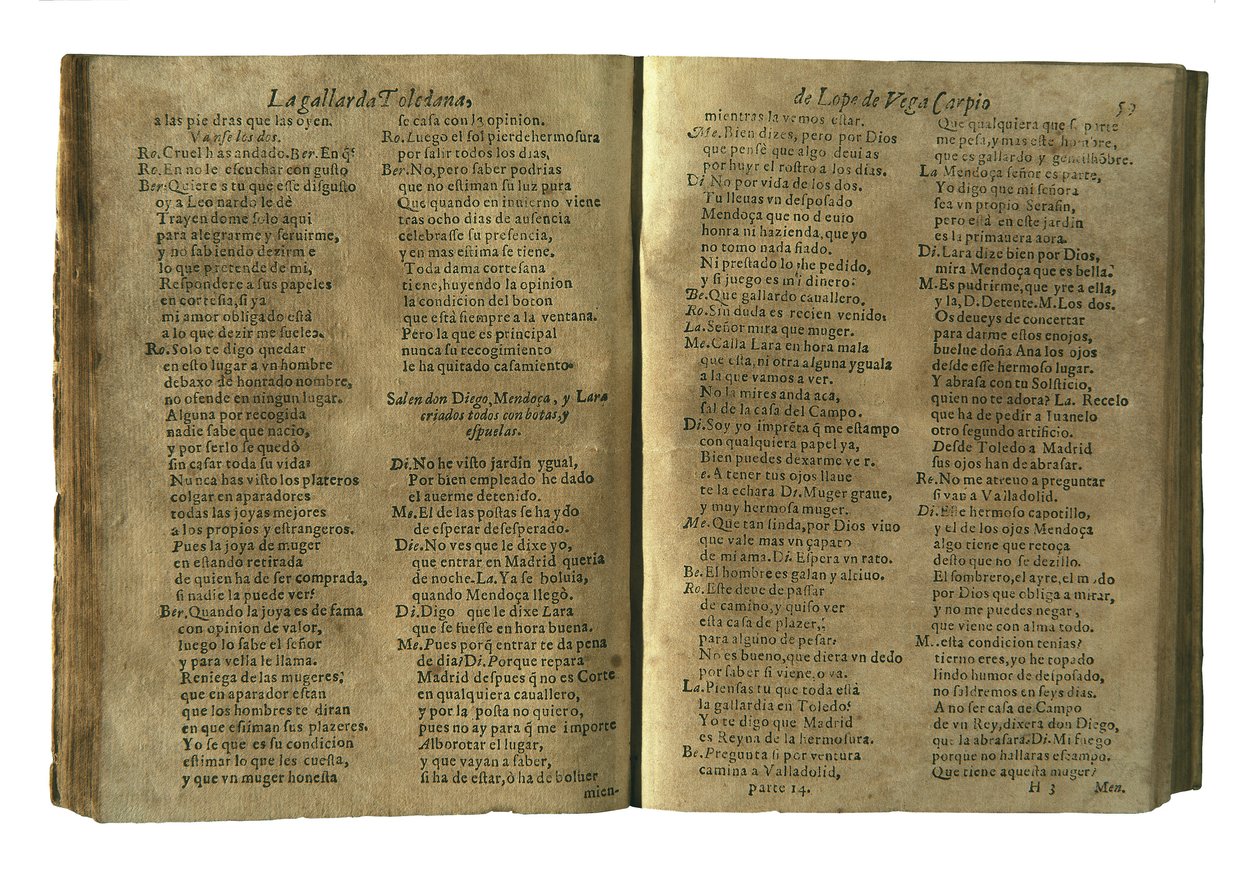 VEGA CARPIO, Felix Lope de (1562-1635). La gallarda toledana", komedie af Lope de Vega inkluderet i samlingen "Parte catorze de las comedias de Lope de Vega", redigeret i Madrid af enken efter Fernando Correa Montenegro (1621). Fotografering. SPANIEN. C af Spanish School