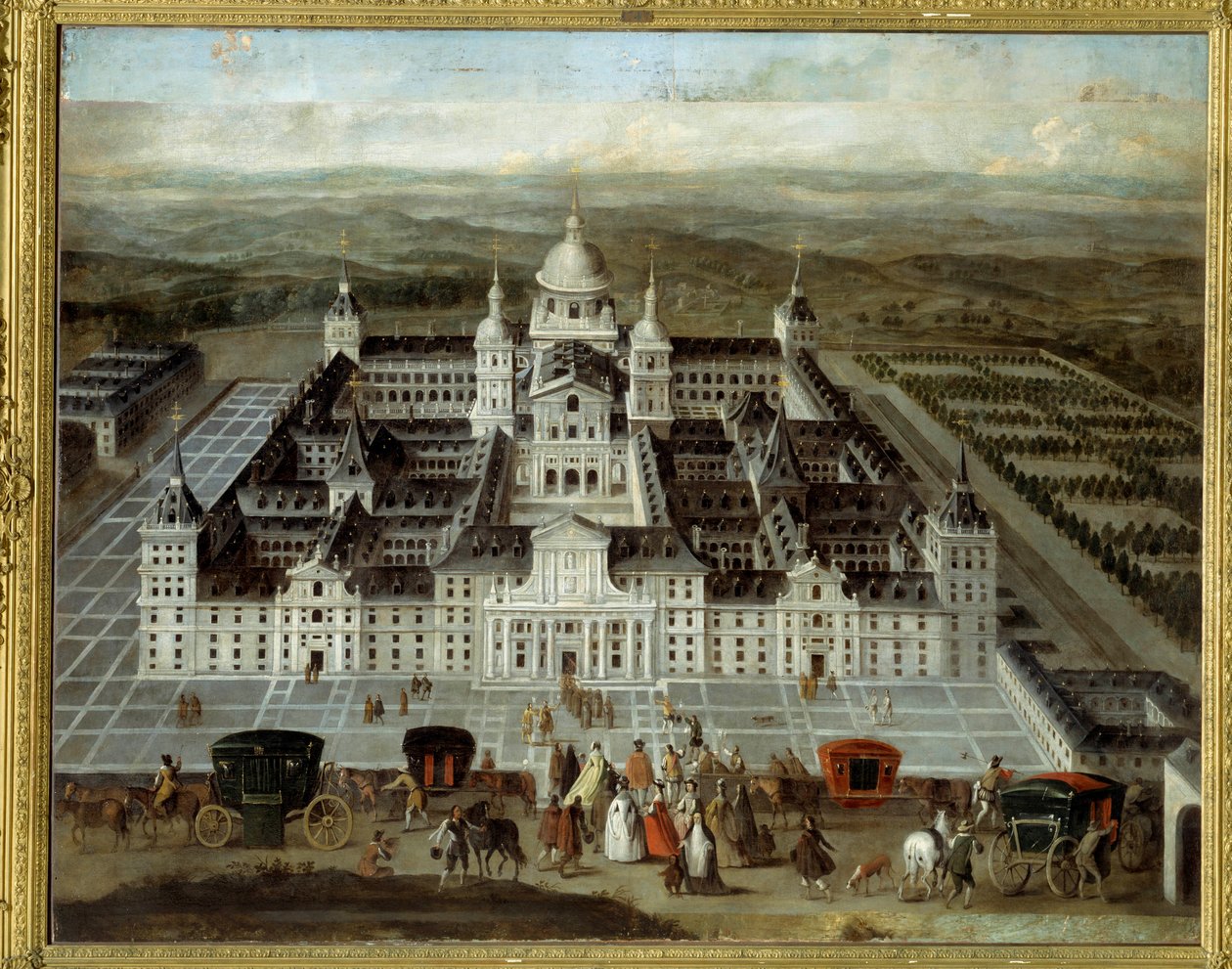 Udsigt over Escorial Palace i Spanien bygget af Philip II i det 16. århundrede. Anonymt spansk maleri fra det 17. århundrede. Olie på lærred. Mål: 1,89 x 2,41 m. af Spanish School