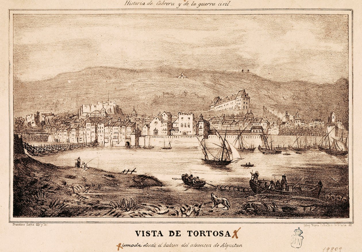 Udsigt over byen Tortosa i Spanien, i "History of Cabrera and the Civil War" af Damaso Calbo og Rochina de Castro af Spanish School