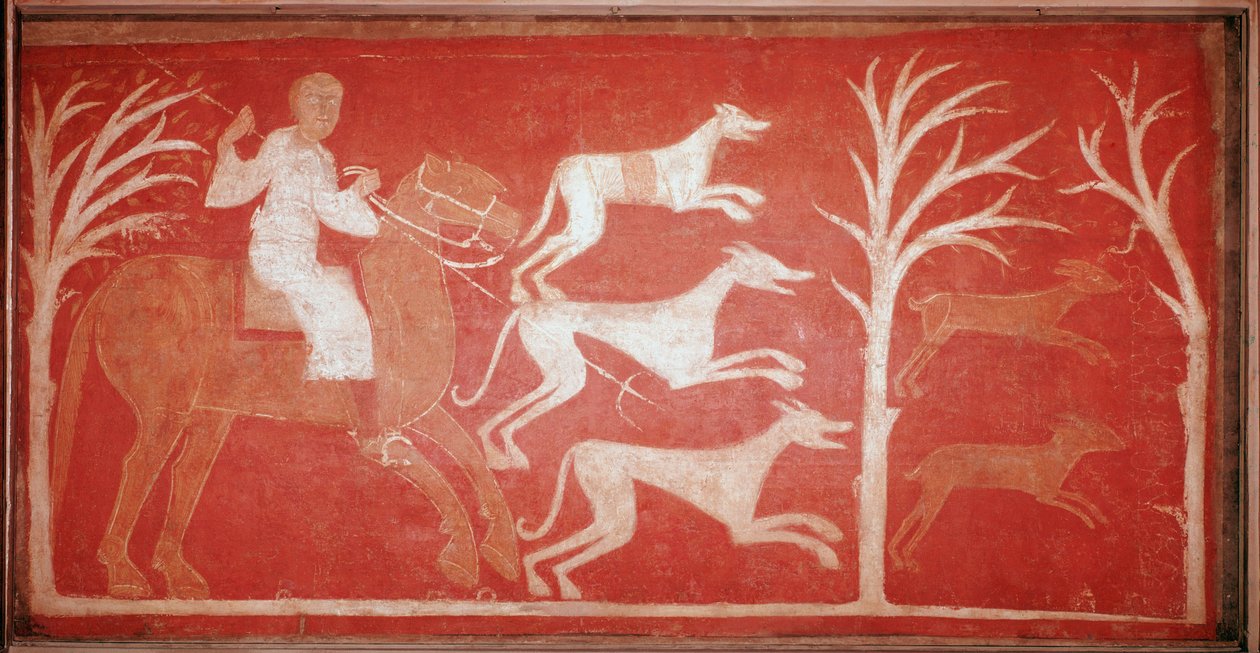 jagtscene, der forestiller hunde, der løber efter spillet. 1150. Kalkmaleri fra eremitagen Baudelio de Berlanga, Soria. Bevares på Prado-museet. af Spanish School