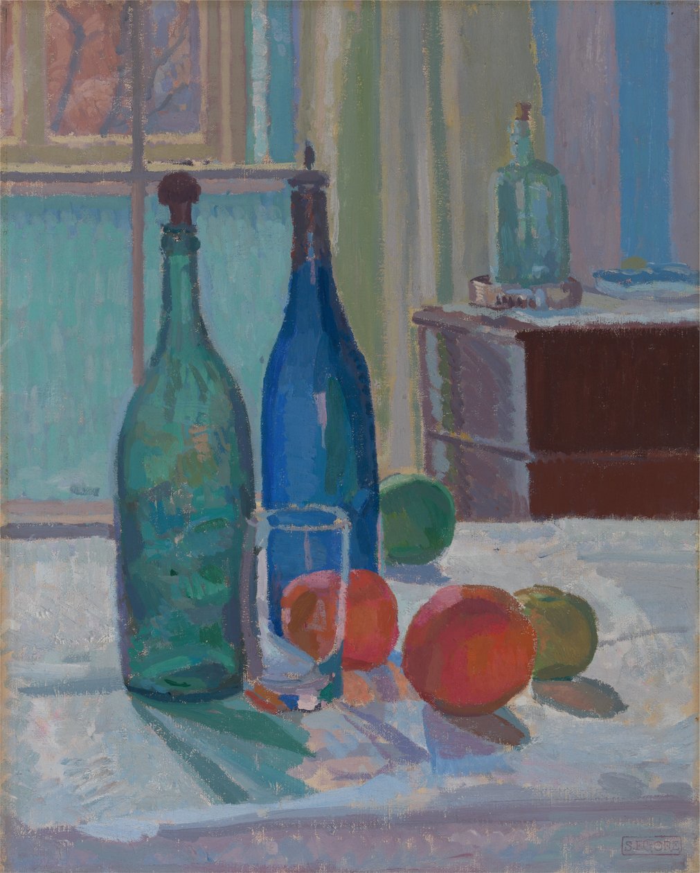 Blå og grønne flasker og appelsiner af Spencer Frederick Gore