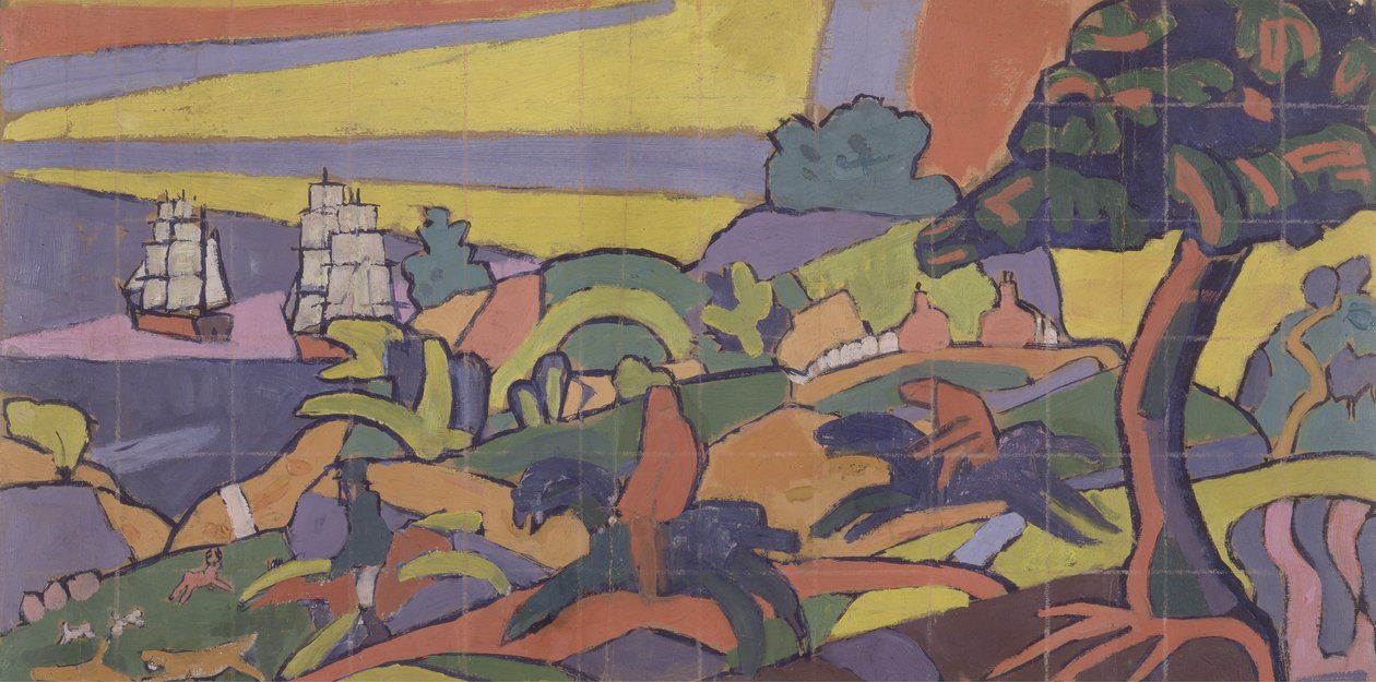 Design til vægmaleri på hjortejagt i Cabaret Theatre Club, 1912 (olie og kridt på papir) af Spencer Frederick Gore