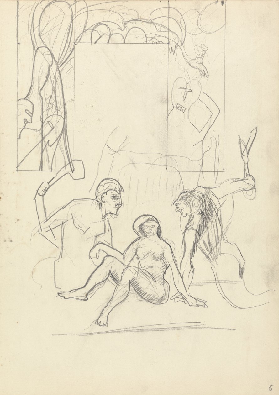 Design til en dekorativ døråbning: Primitive mennesker, til Guldkalvens hule (grafit) (se 265070 for verso) af Spencer Frederick Gore