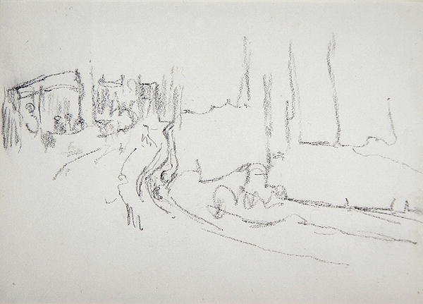 Interiør af et teater, til Guldkalvens hule (grafit) (se 265062 for verso) af Spencer Frederick Gore