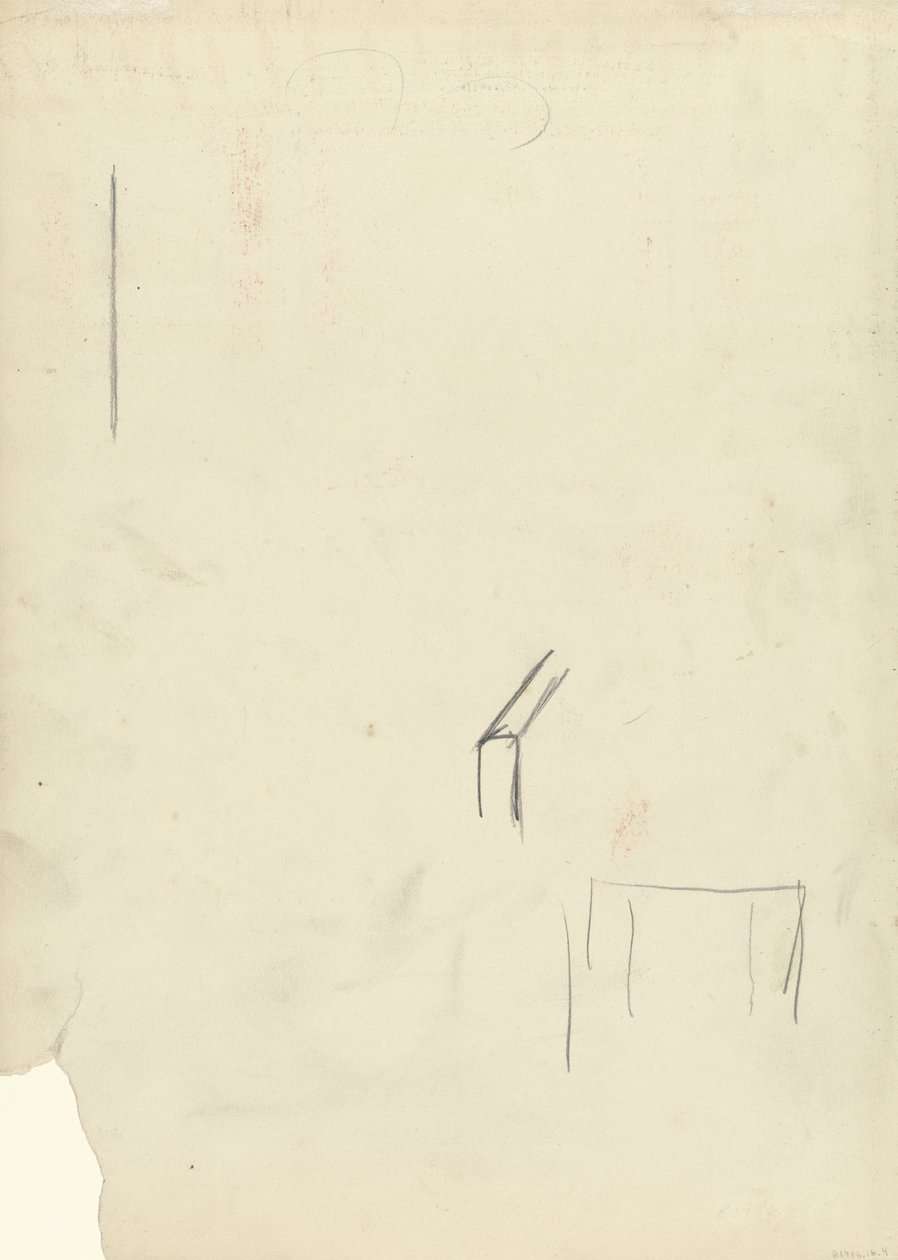 Blyantskitse af uidentificerbar genstand, til hulen af den gyldne kalv (grafit) (se 265067 for recto) af Spencer Frederick Gore