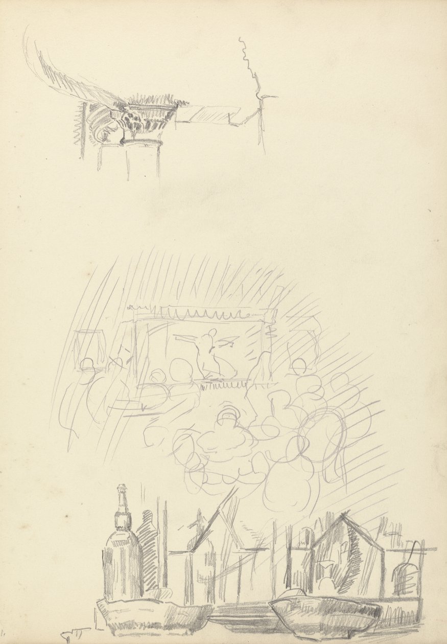 Skitser af en scene og bar, fra Cave of the Golden Calf (grafit) (se 265063 for verso) af Spencer Frederick Gore