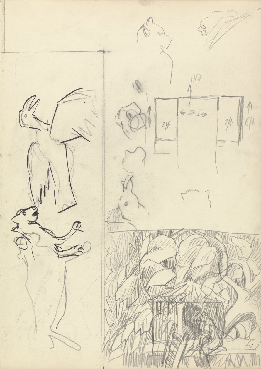 Undersøgelser af træhuse, dyr og plantegning for Guldkalvens hule (grafit og sort blæk) (se 265066 for verso) af Spencer Frederick Gore