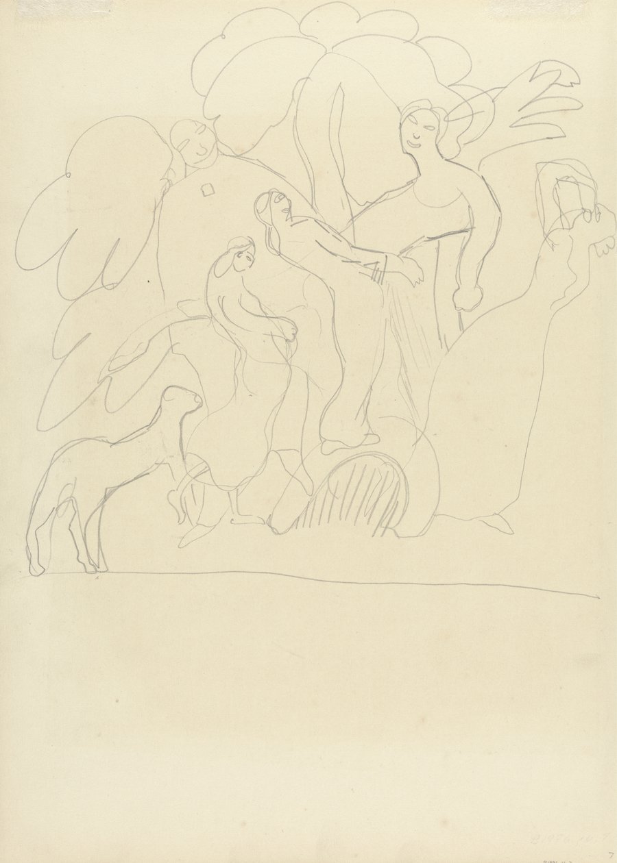 Undersøgelse af tilbedere og dansere med kalv, til Guldkalvens hule (grafit) (se 265073 for verso) af Spencer Frederick Gore