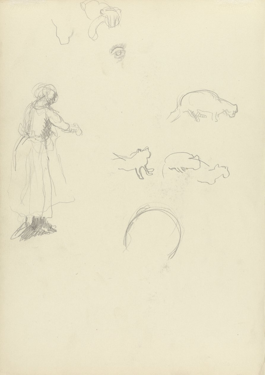 Studie af en kvinde og katte til Guldkalvens hule (grafit) (se 265062 for recto) af Spencer Frederick Gore