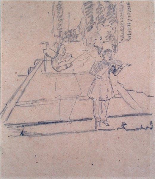 The Musicians at the Footlights, ca. 1910 (blyant på buff-papir) af Spencer Frederick Gore