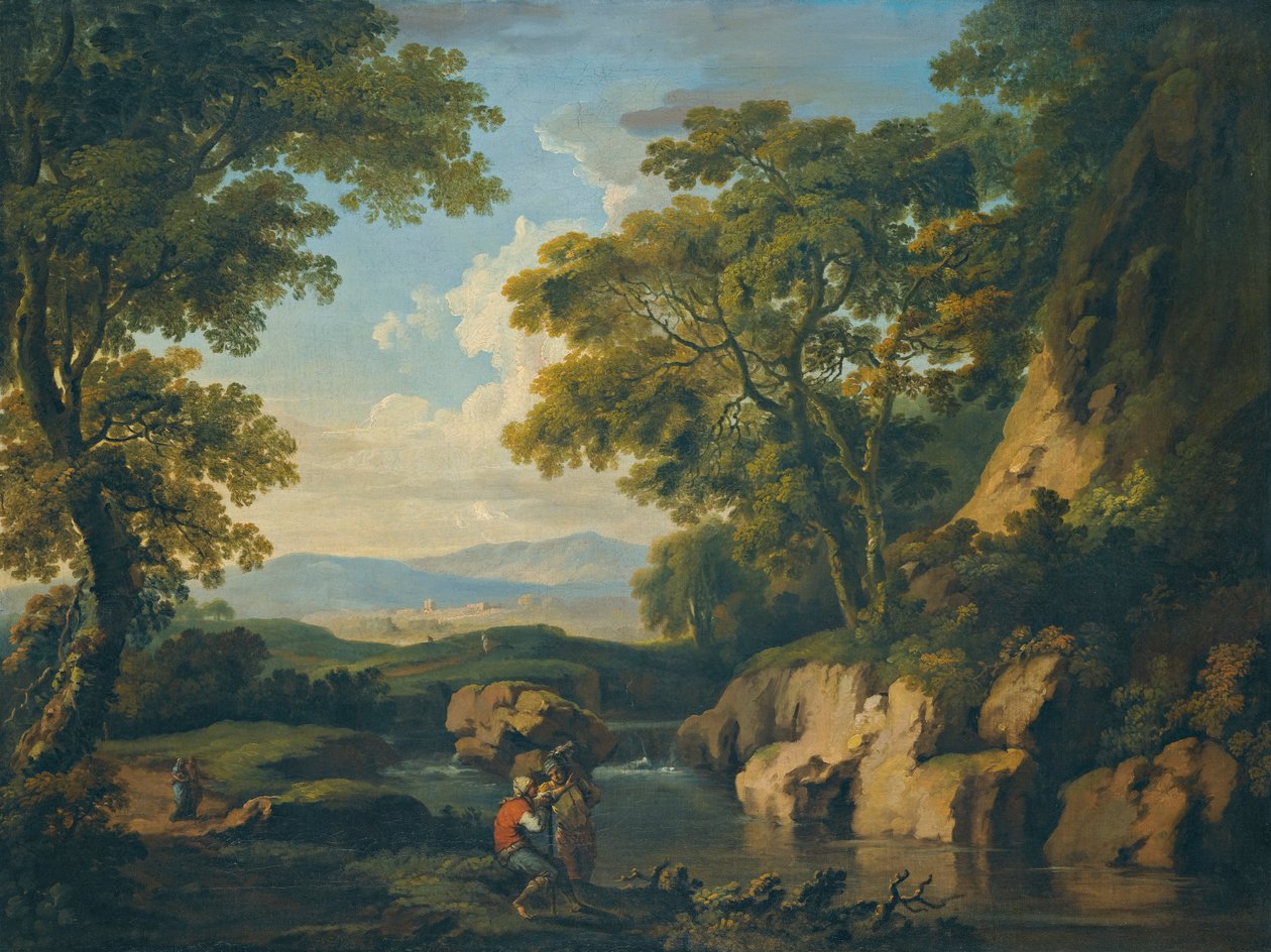Et bjergrige skovklædt landskab med figurer ved en flod i forgrunden af George the Elder Barret
