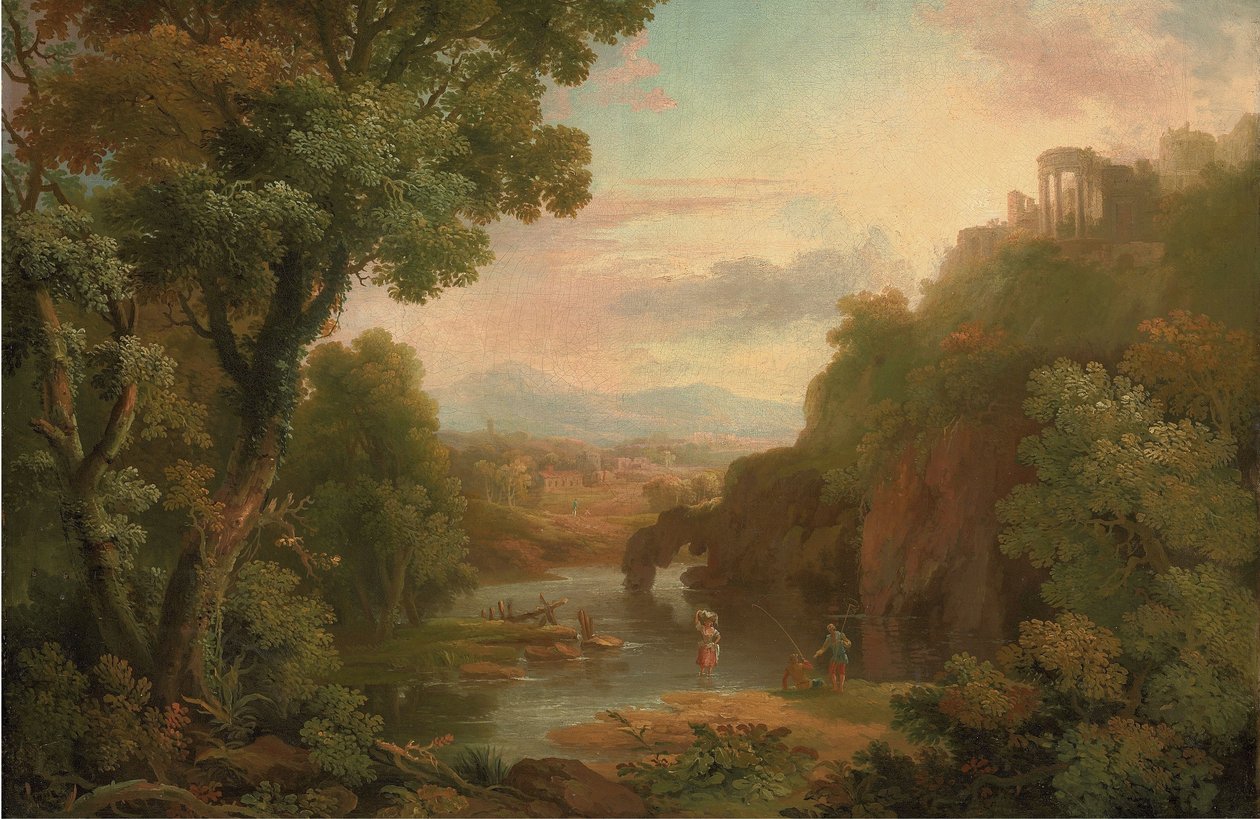 Et klassisk landskab med fiskere og en vaskekone, en villa på en bakketop og bjerge bagved. af Sr. George Barret