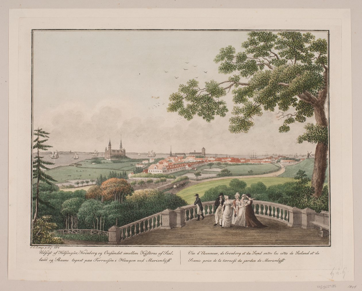 Udsigt af Helsingør, Kronborg og Øresundet imellem kysterne af Sjælland og Skåne. Tegnet på terrassen i hangen ved Marienlyst af Søren L. Lange