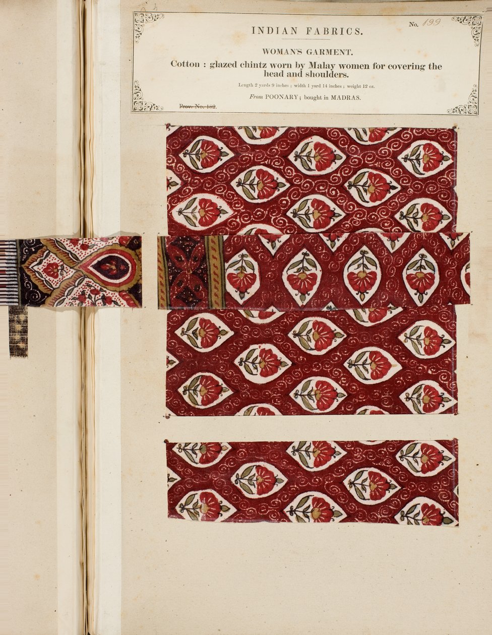 Bomuldsglaseret chintzprøve fra Poonary, købt i Madras, fra The Collection of the Textile Manufacturers of India, af John Forbes Watson, udgivet i 1866 af Sri Lankan School