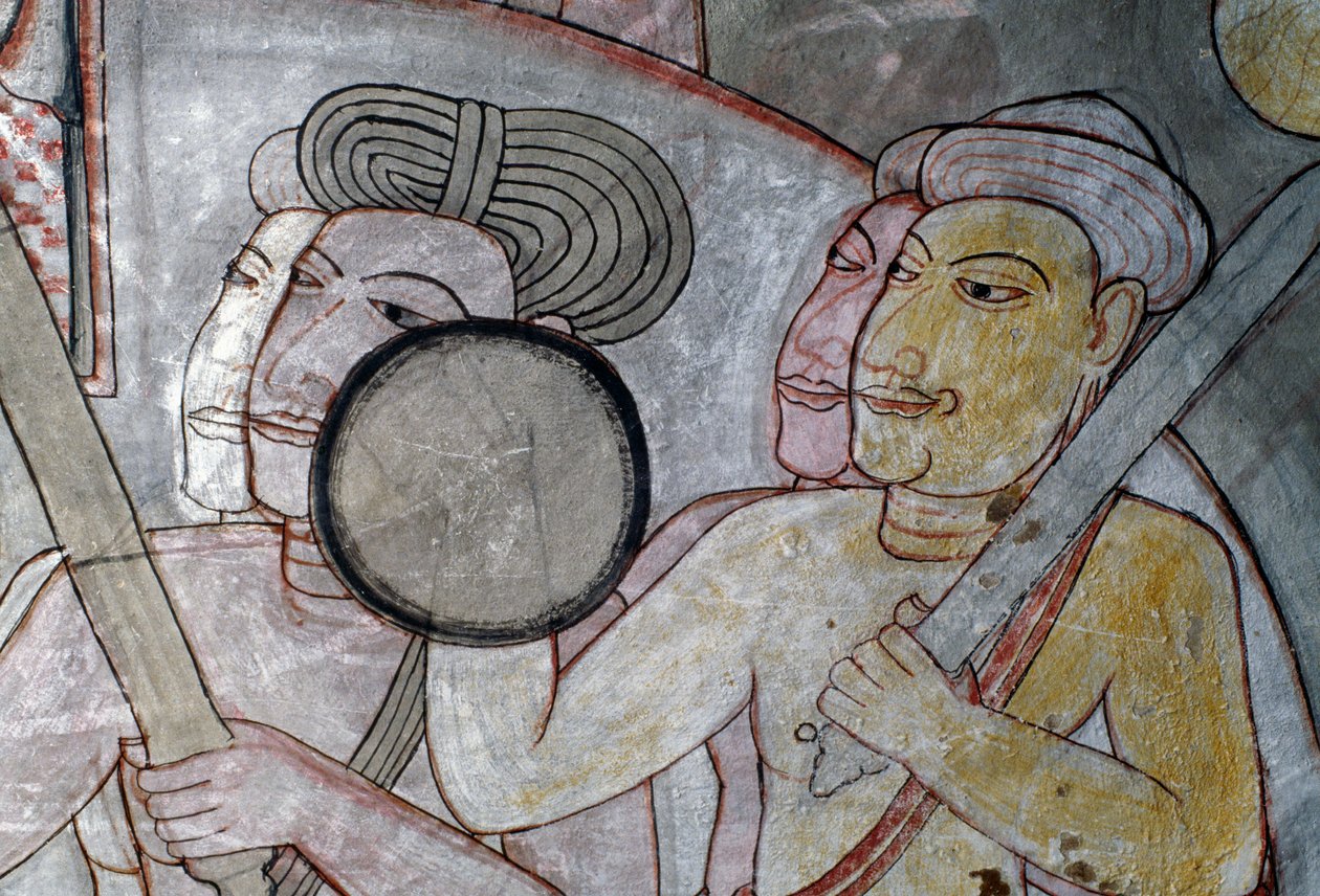 Kalkmaleri, der afbilder hæren, der ledsager kongen af Ceylon, Dambullas gyldne tempel (Unescos verdensarvssted af Sri Lankan School