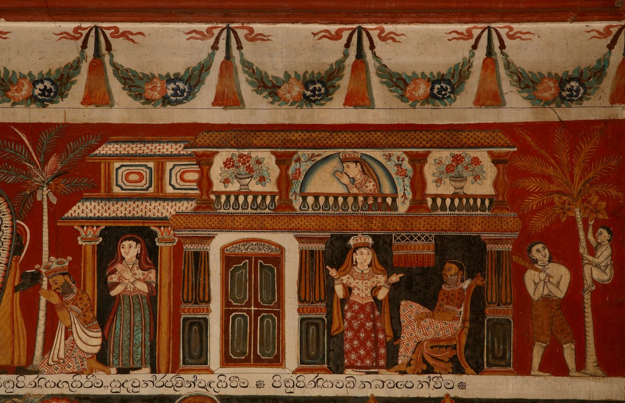 Vægmaleri, der viser et singalesisk hus i Subdharama-templet, Dehiwala (vægmaleri) af Sri Lankan School