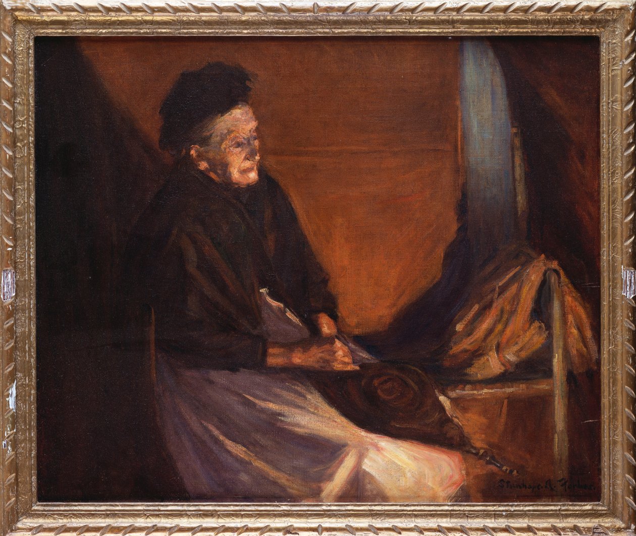 Gammel kvinde med bælge ved en ild (olie på lærred) af Stanhope Alexander Forbes