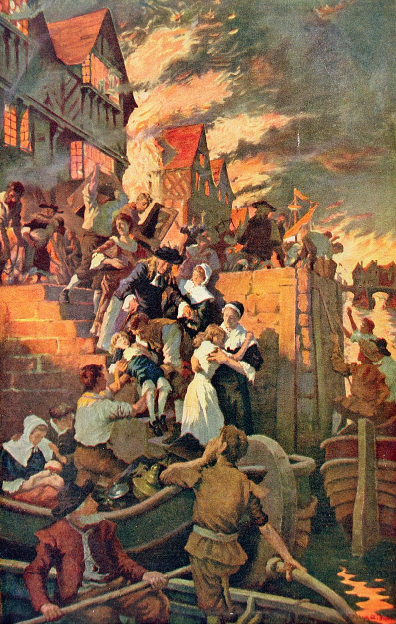 Den store brand i London i 1666, illustration fra Hutchinson