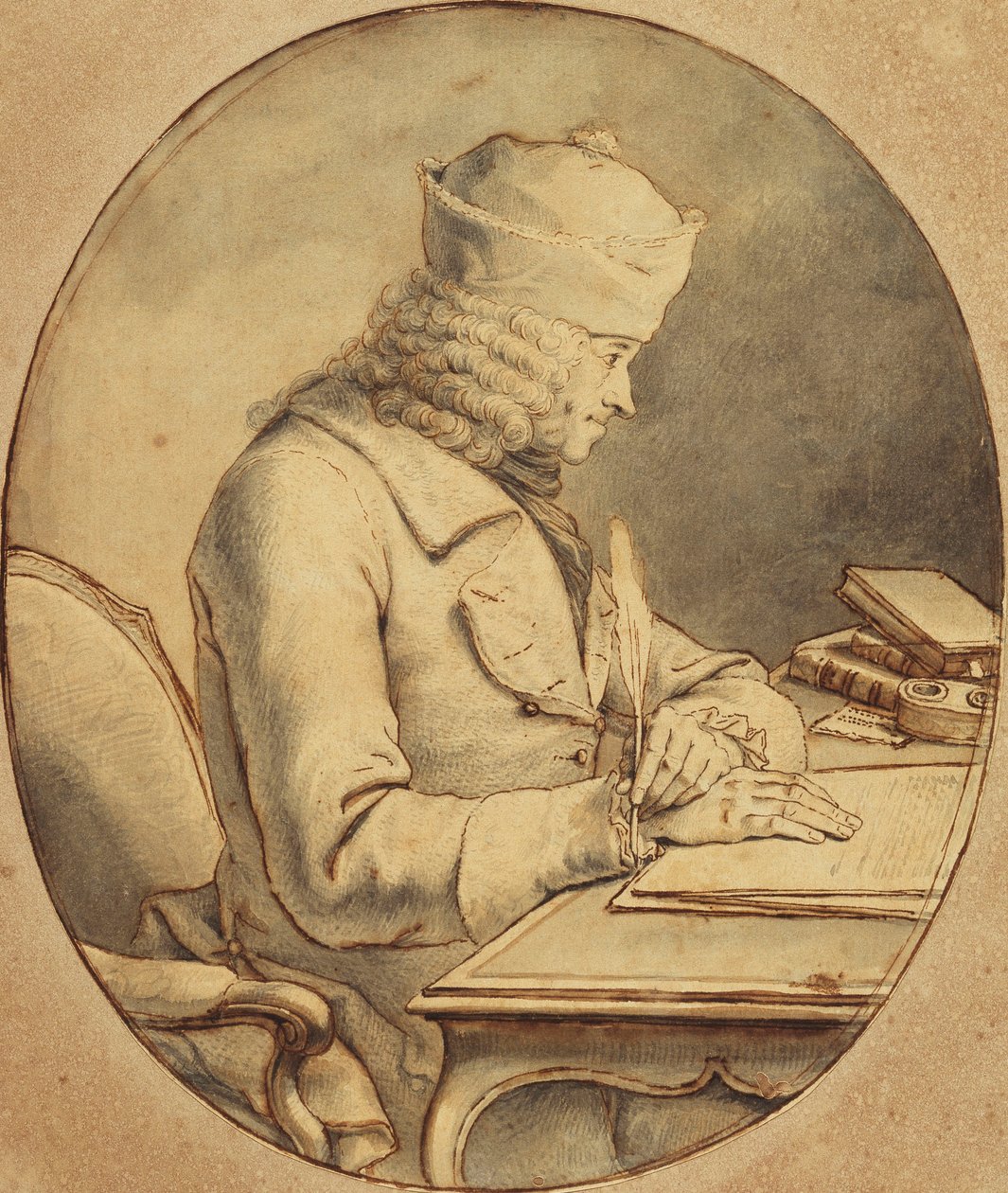 Voltaire siddende ved et skrivebord iført kasket, i profil til venstre, ca. 1765 af Stanislas Jean