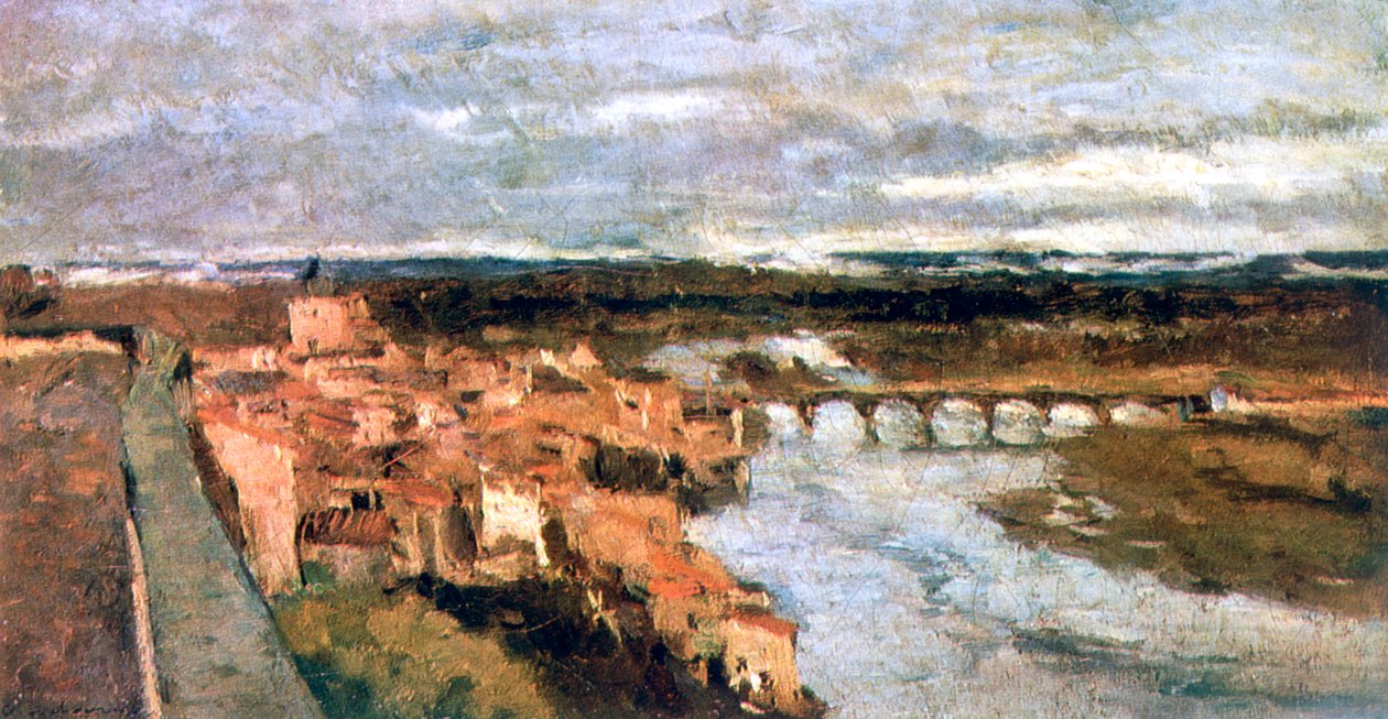 Landskab med landsby og bro, c1855-1892 af Stanislas Lepine