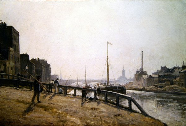 Kanalscene (olie på lærred) af Stanislas Victor Edouard Lepine