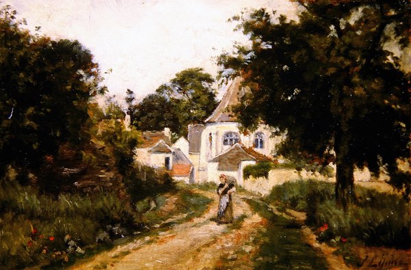 Leaving the Village (olie på lærred) af Stanislas Victor Edouard Lepine