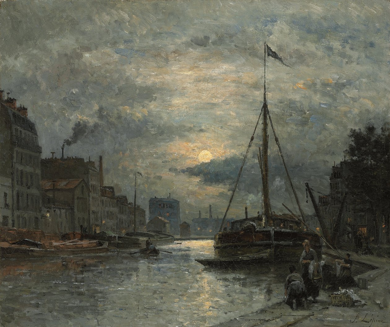 Saint-Martin-kanalen ved måneskin; Canal Saint-Martin ved Moonlight, af Stanislas Victor Edouard Lepine