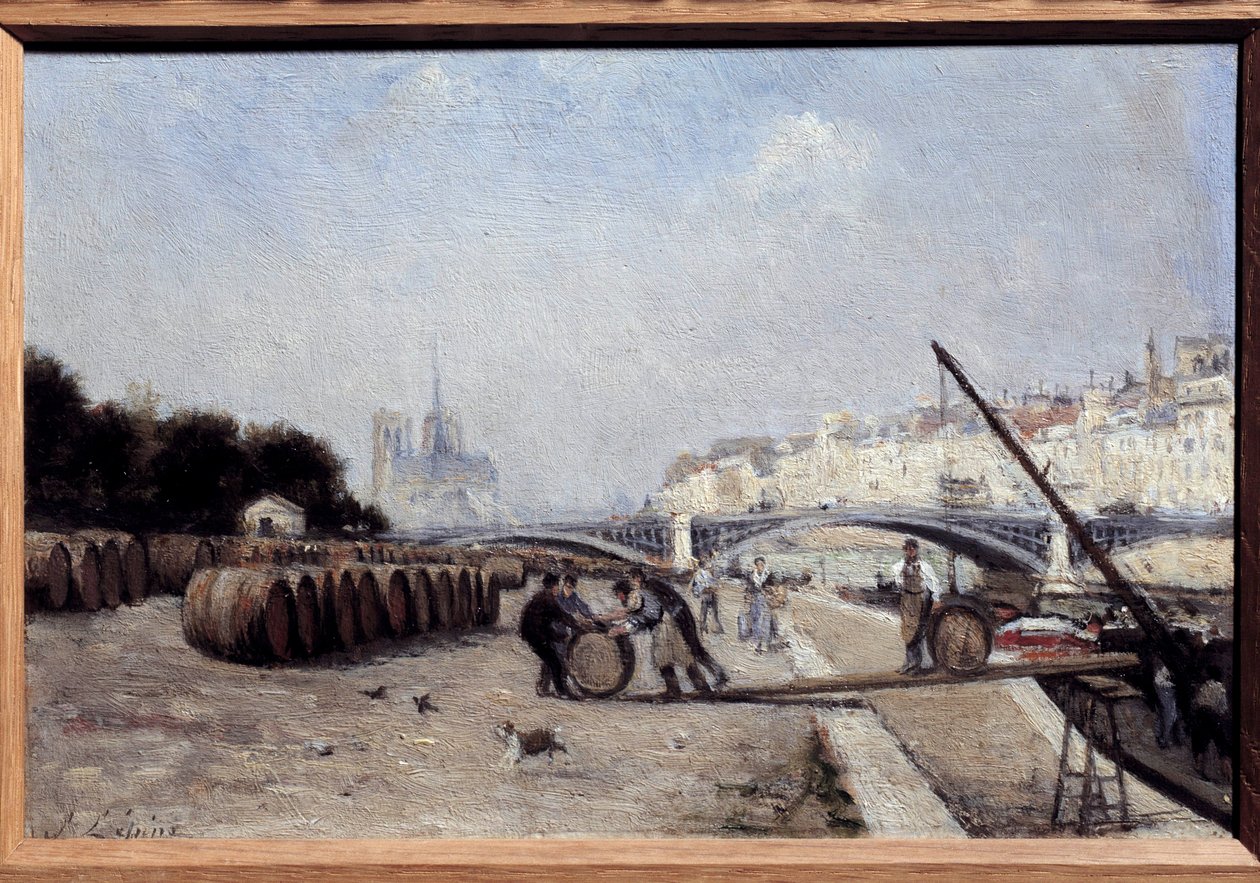 Seinen ved Sully Bridge, vinporten, Quai Saint Bernard. Maleri af Stanislas Lepine (1835-1892). 1882-1885. Svag. 0,15 x 0,23. Privat samling af Stanislas Victor Edouard Lepine