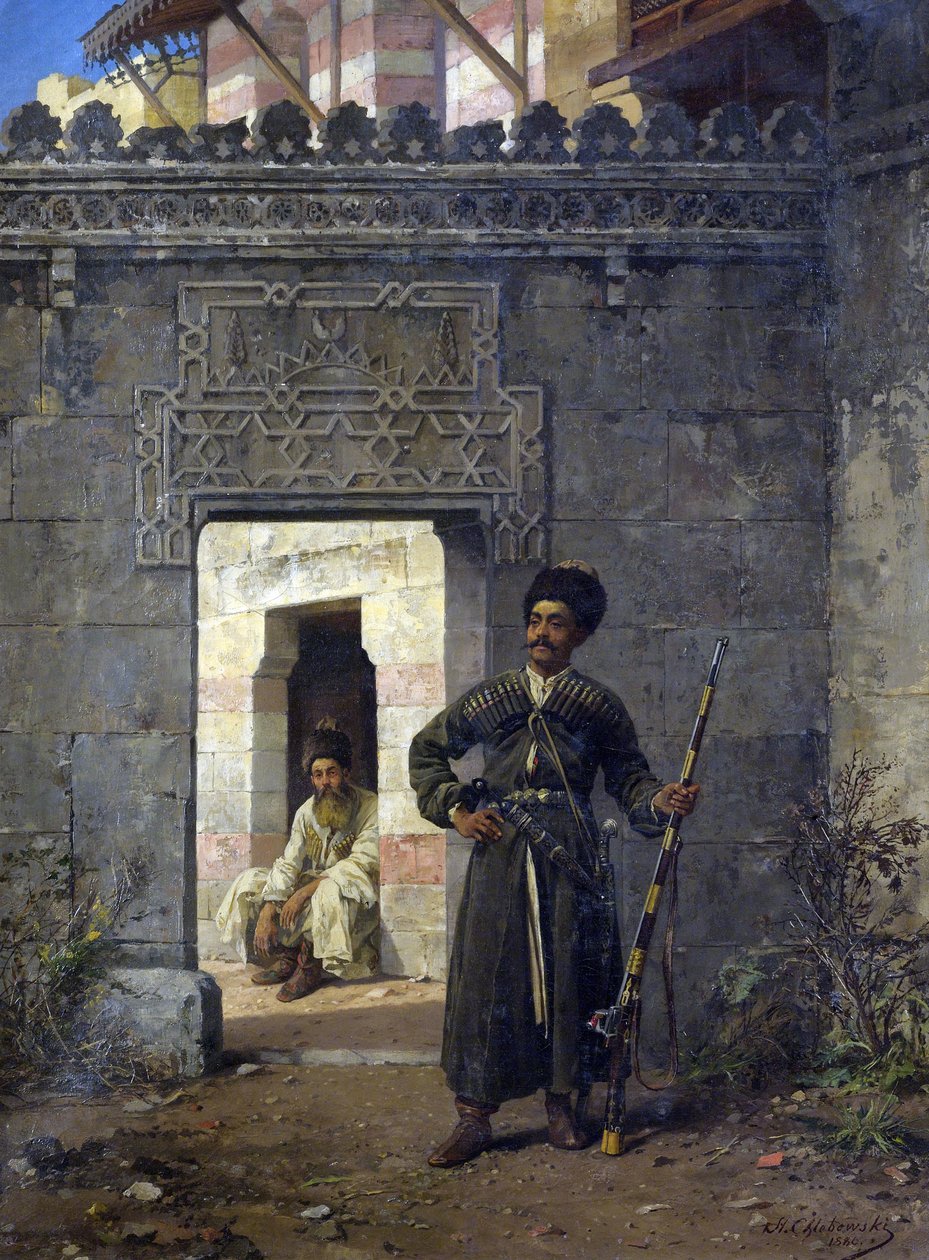 ""Les gardes tcherkesses"" (De tjerkassiske vagter) peinture af Stanislav Khlebovsky (Khlebovski) (1835-1884) - 1880 - Olie på lærred Dim 55,5x41,2 cm Privat samling af Stanislaus von Chlebowski