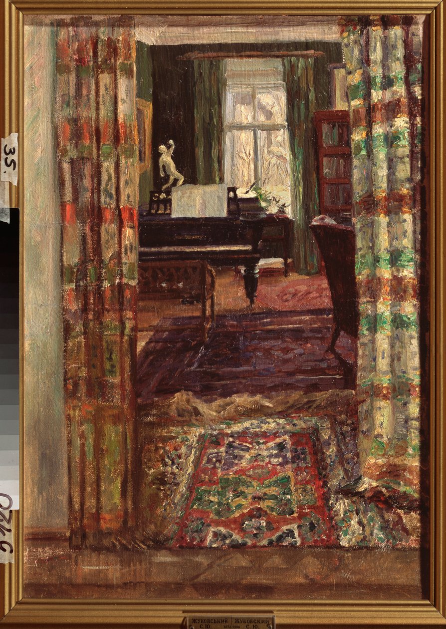 Interiør med et flygel. Maleri af Stanislav Yulianovich Zhukovsky (Zhukovsky) (1873-1944), olie på lærred af Stanislav Joulianovitch Joukovski