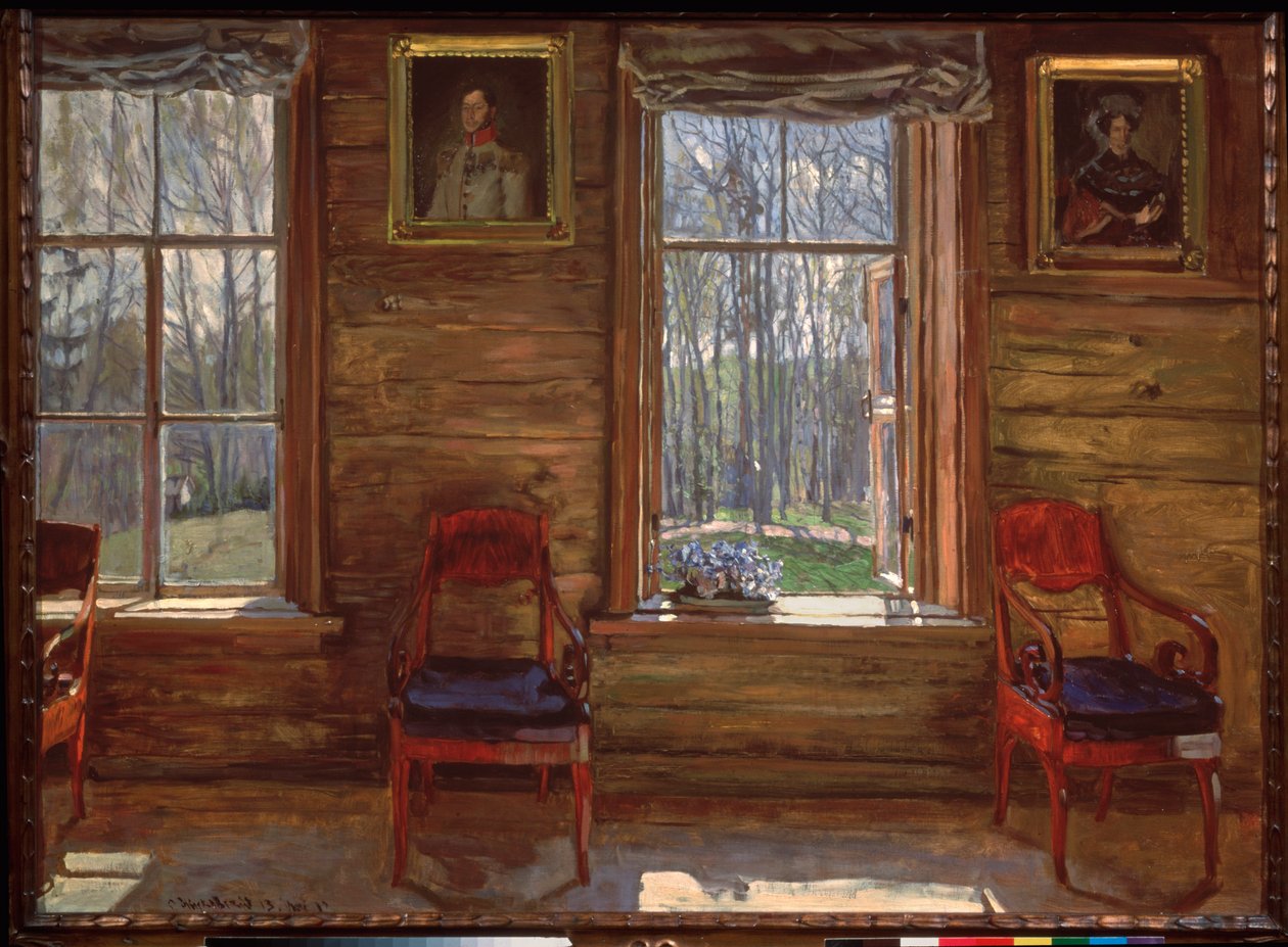 Glædelig maj. (Udsigt over en solrig skov, gennem vinduerne i et landsted, dekoreret med malede portrætter og gardiner). Maleri af Stanislav Yulianovich Zhukovsky (Zhukovsky) (1873-1944), olie på lærred af Stanislav Joulianovitch Joukovski