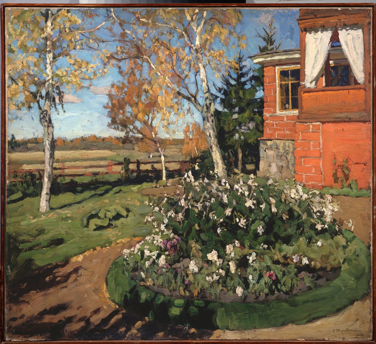 Et blomsterbed. (Foran et hus og et landskab). Maleri af Stanislav Yulianovich Zhukovsky (Zhukovsky) (1873-1944), olie på lærred af Stanislav Joulianovitch Joukovski