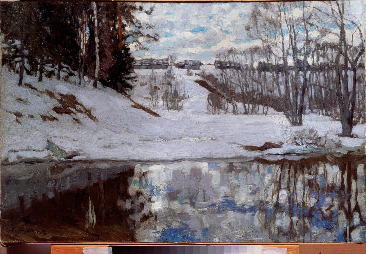En flod befriet fra is. Maleri af Stanislav Yulianovich Zhukovsky (Zhukovsky) (1873-1944), olie på lærred af Stanislav Joulianovitch Joukovski
