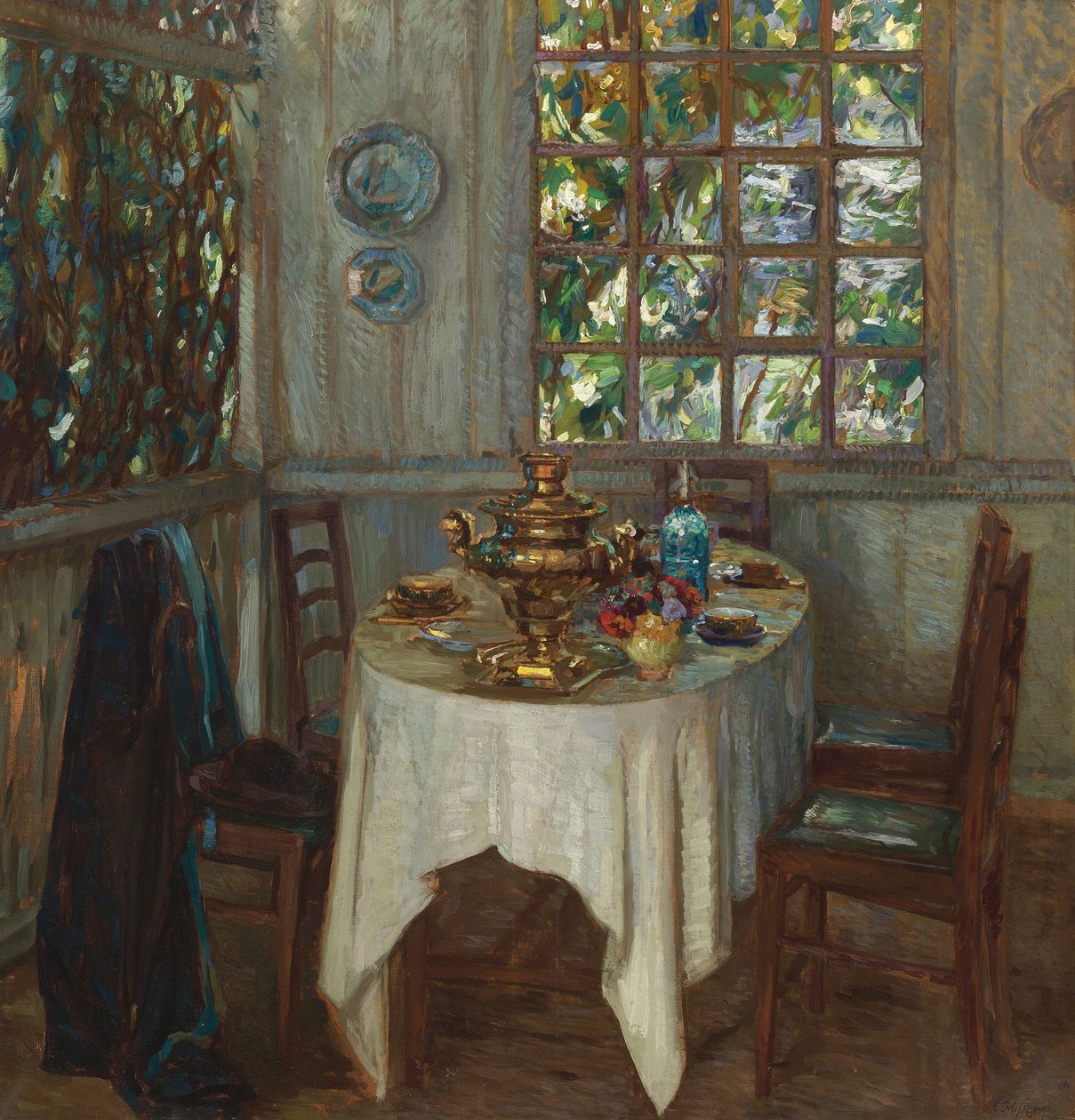 Interiør med samovar, 1914 af Stanislav Julianovic Zukovskij