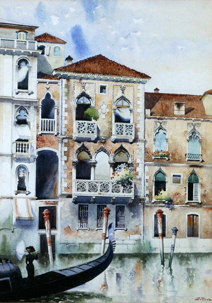 Venetiansk scene (akvarel om bord) af Stanislaw Tondos