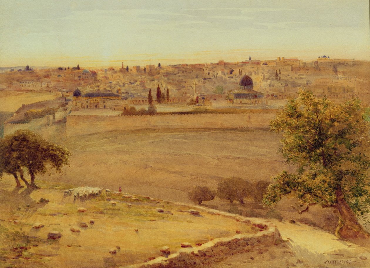 Jerusalem fra Oliebjerget (wc på papir) af Stanley Inchbold