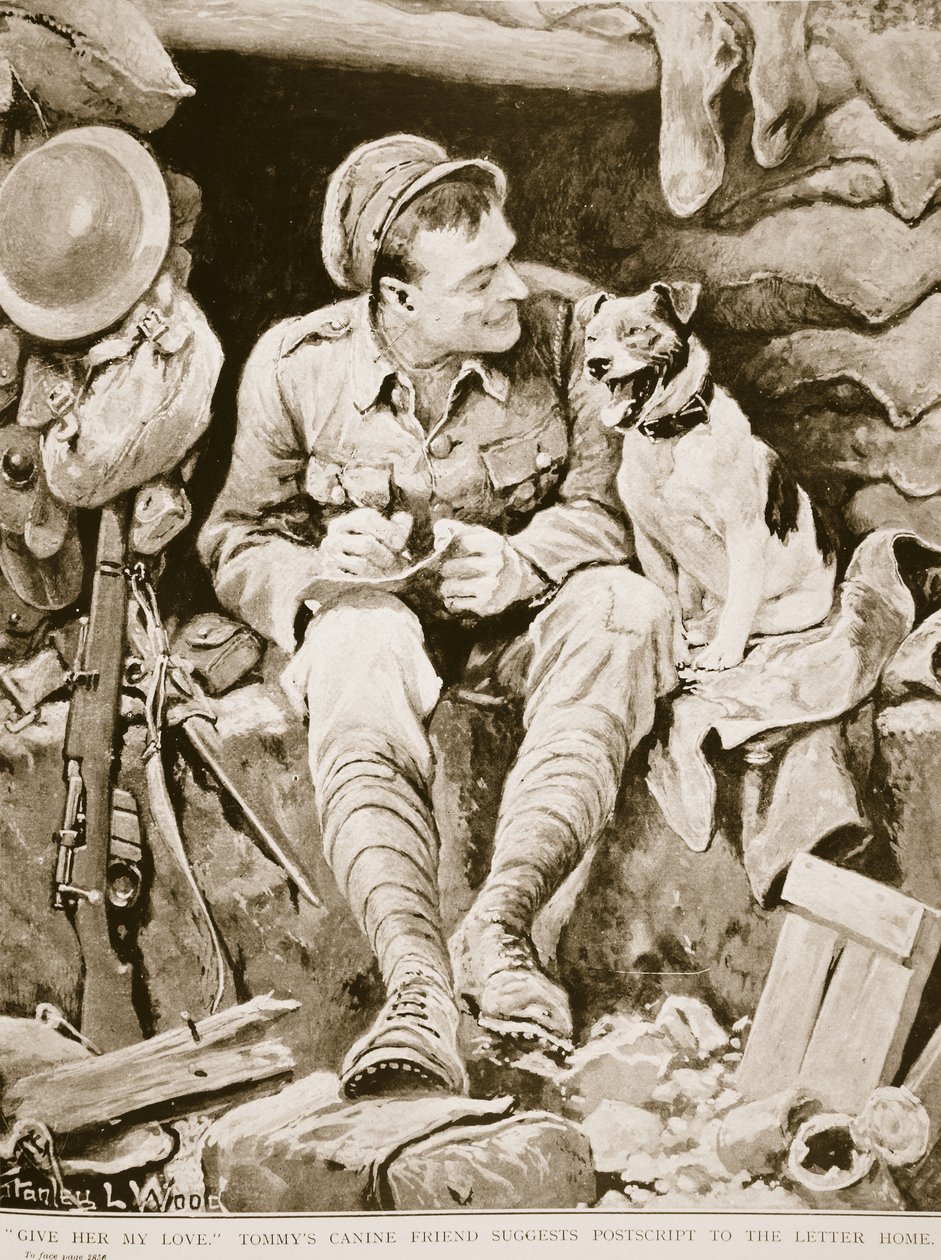 Give her my Love, Tommys hundeven foreslår efterskrift til brevet hjem, fra War Illustrated, ca. 1916 af Stanley L. Wood