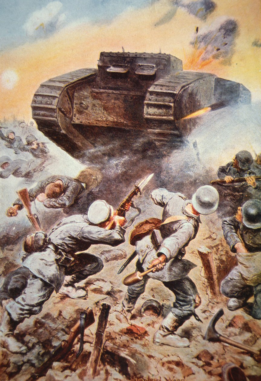 Britisk kampvogn i aktion mod tyskere på vestfronten i WWI af Stanley L. (after) Wood
