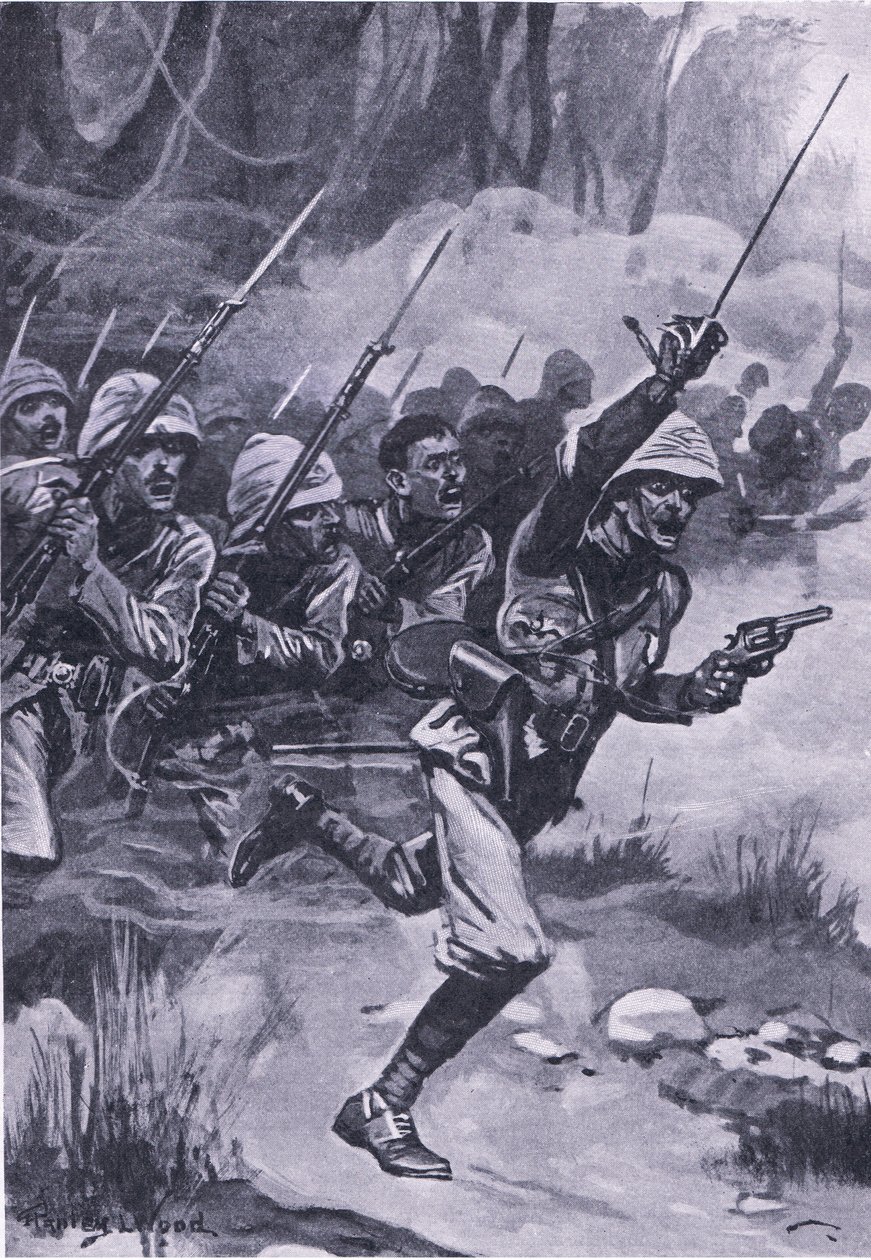 Briter angreb Ashantis ved Amoaful, 31. januar 1874, illustration fra British Battles on Land and Sea, 1915 af Stanley L. Wood