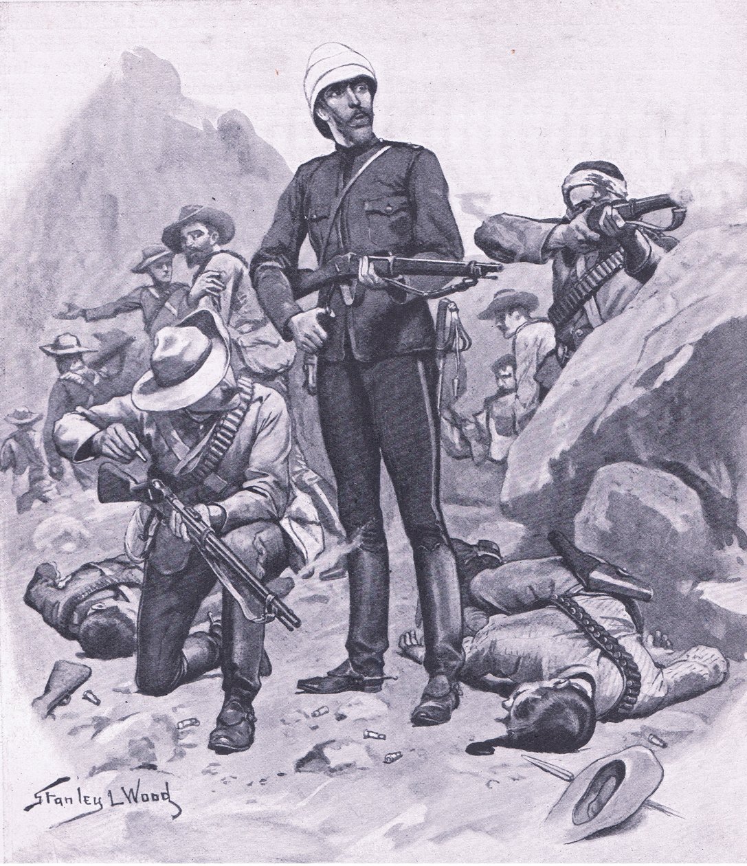 Oberst Buller ved Inhlobane Mountain, marts 1879, illustration fra British Battles on Land and Sea, 1915 af Stanley L. Wood