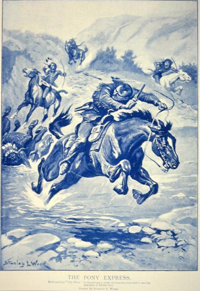 Pony Express forfulgt af indianere (litografi) af Stanley L. Wood