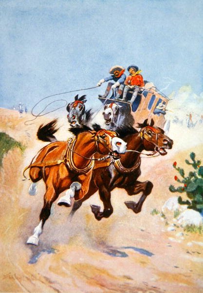 Diligence forfulgt af indianere (farve litho) af Stanley L. Wood