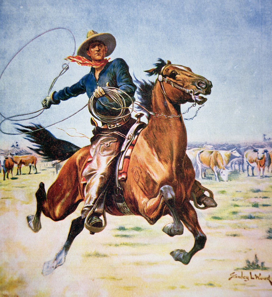 Texas Cowboy (farve litho) af Stanley L. Wood