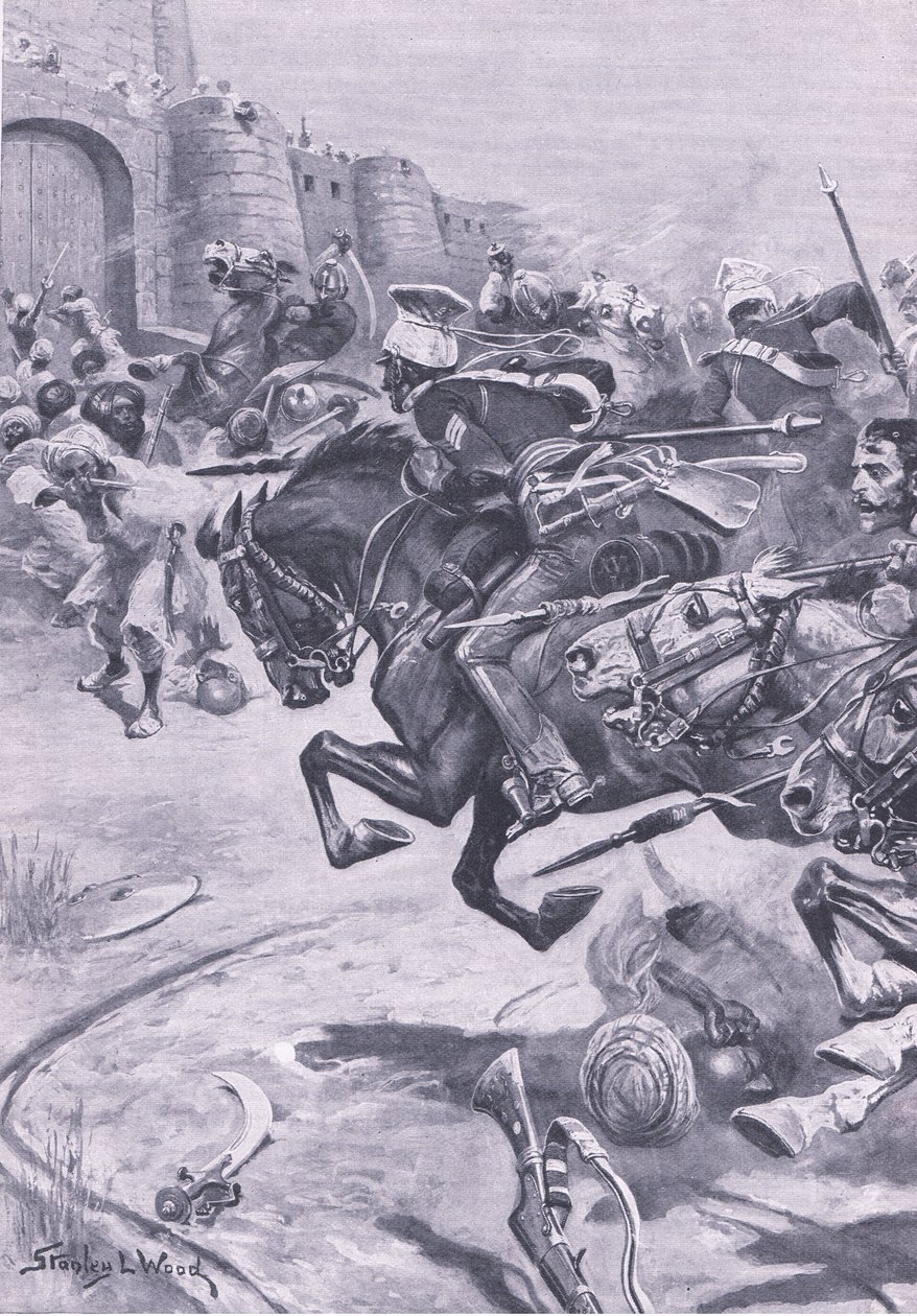 16th Lancers og Skinners Horse driver Jats ind i Bharatpur; december 1825 , illustration fra British Battles on Land and Sea , 1915 af Stanley L. Wood