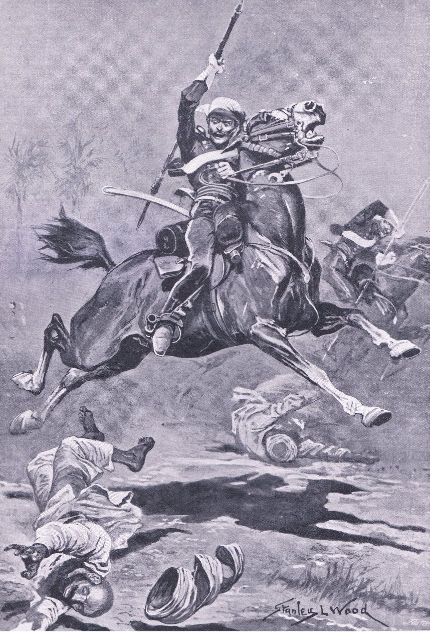 The 9th Lancers at Delhi, 1857, illustration fra British Battles on Land and Sea, 1915 af Stanley L. Wood