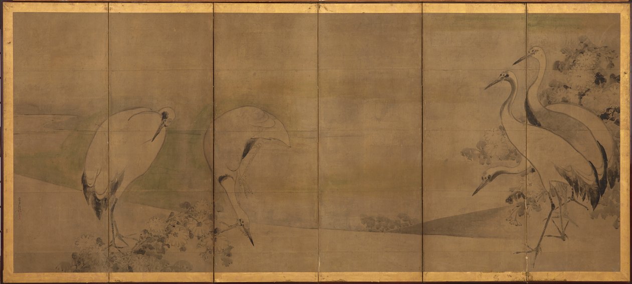 Traner og krysantemum, Momoyama- eller Edo-perioden, 1568-1868. af Sôtatsu