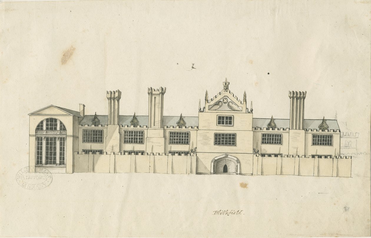 Blithfield Hall: tonet pentegning og [1700-tallet] (tegning) af Stebbing Shaw