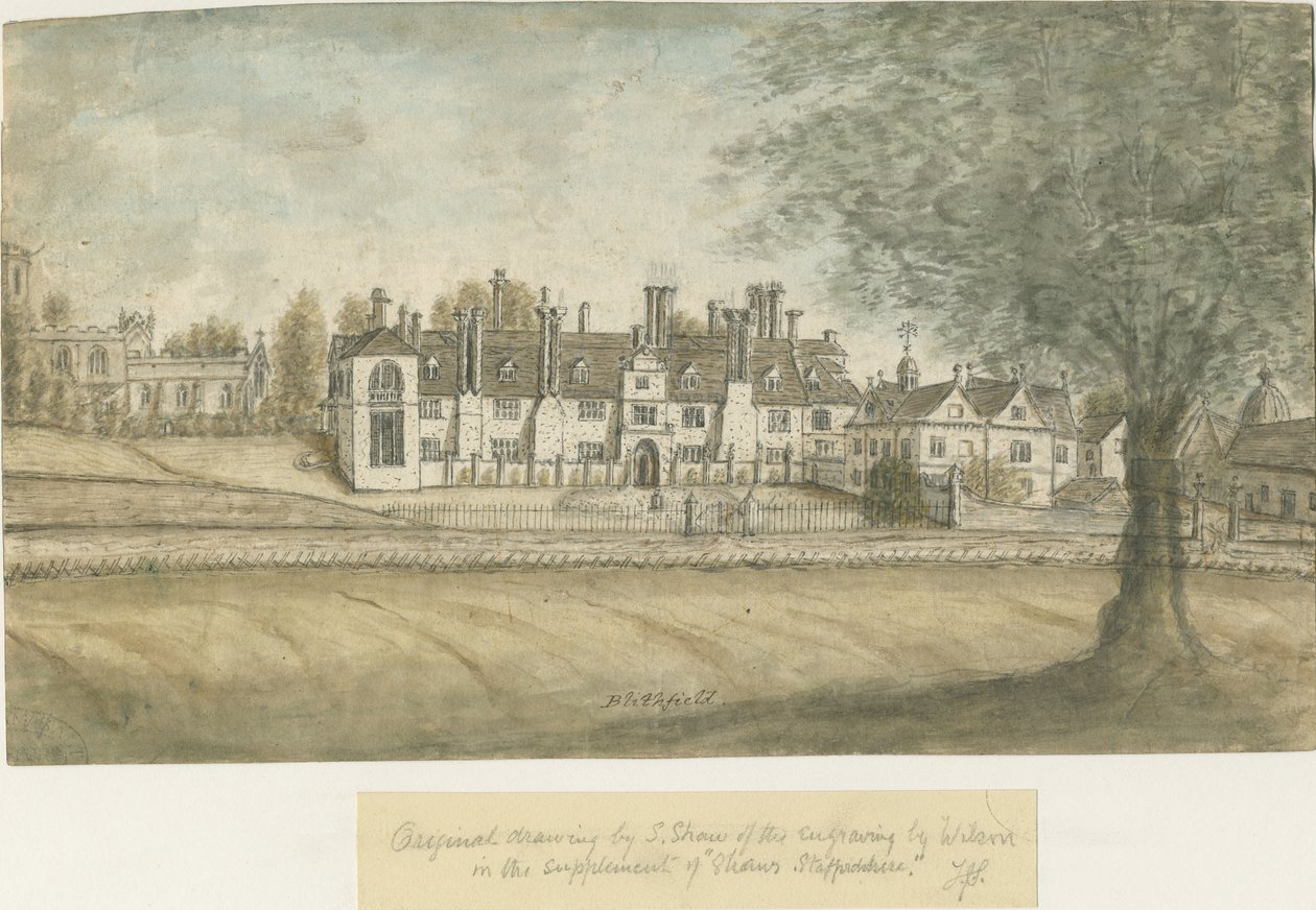 Blithfield Hall: akvarelmaleri, nd [1700-tallet] af Stebbing Shaw