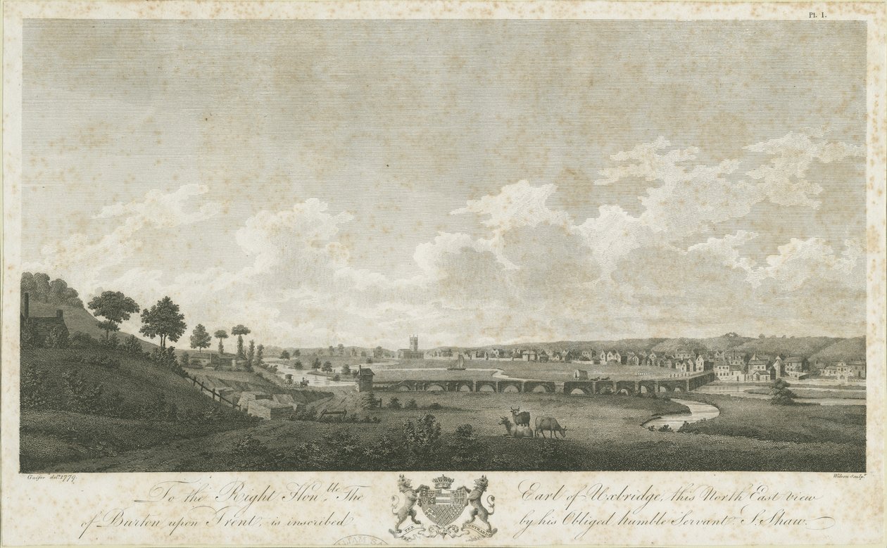 Burton-upon-Trent Bridge and Town: gravering, 1779 af Stebbing Shaw