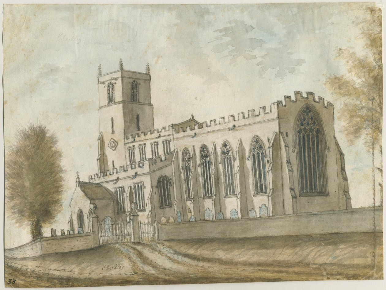 Checkley Church: vandfarvemaleri, nd [1762-1802] (maleri) af Stebbing Shaw